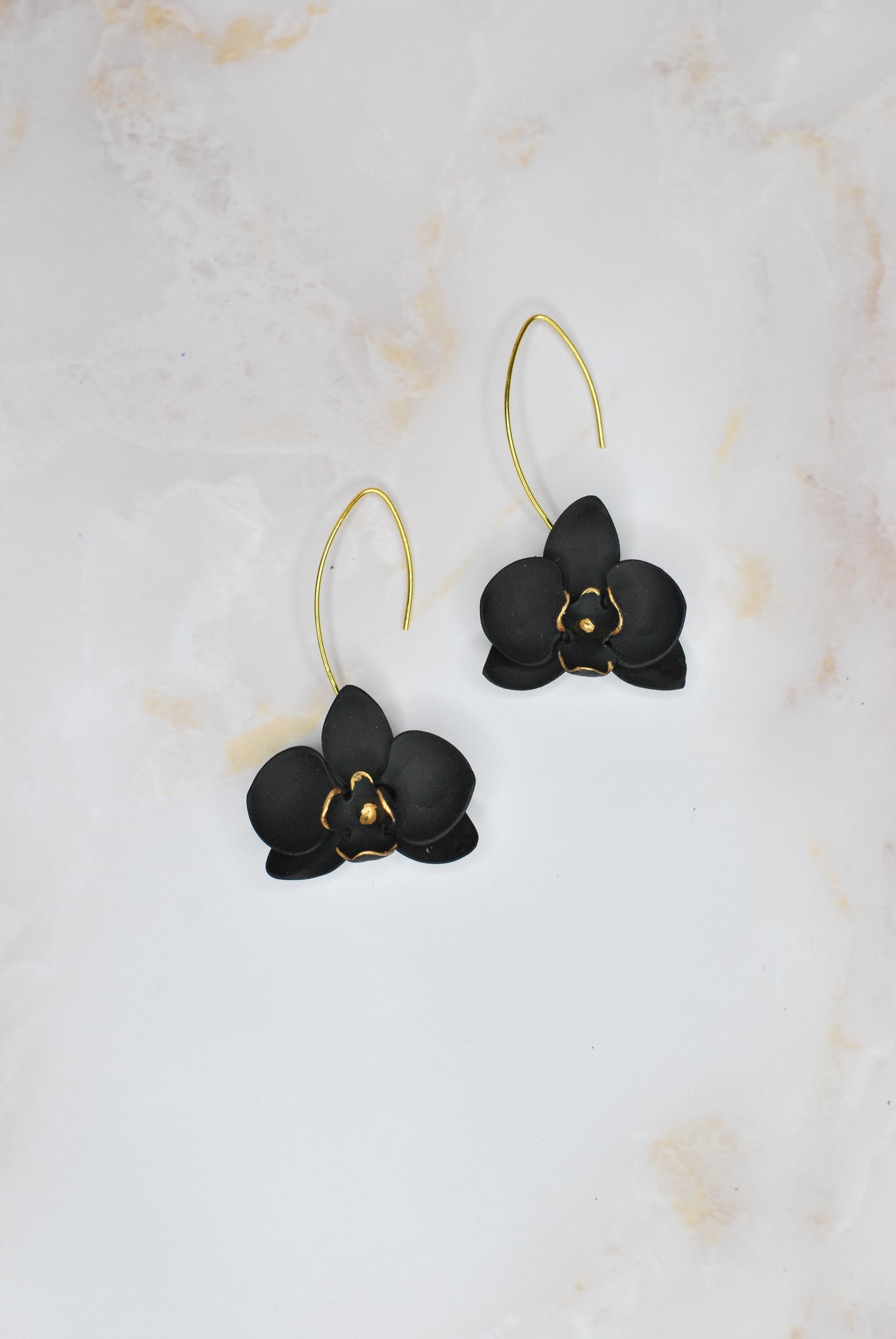 Black and Gold Orchid Drop Earrings