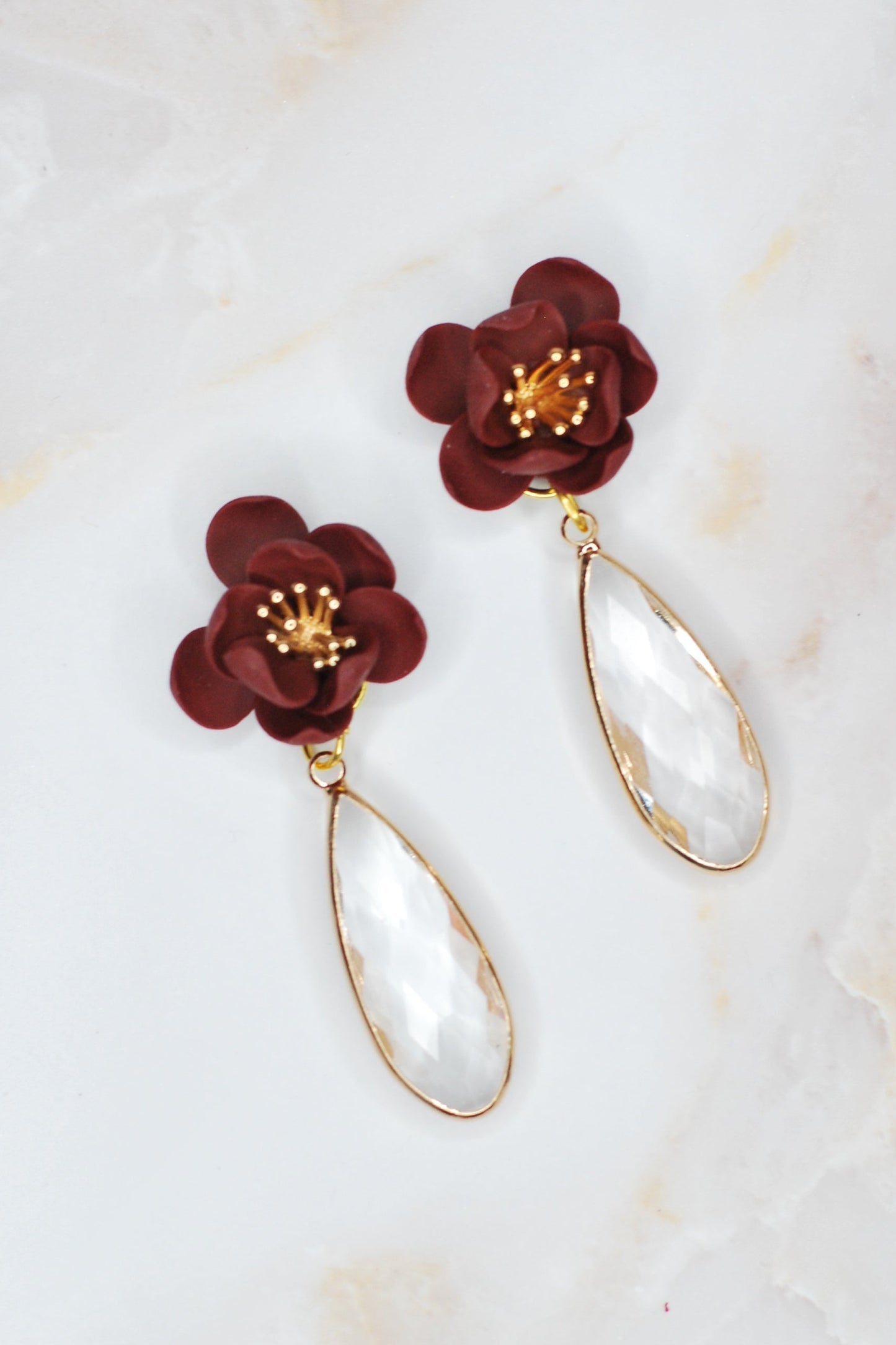 Burgundy Flower Stud Crystal Dangle