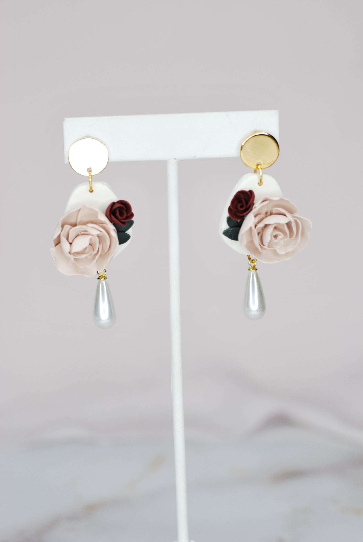 Cream and Burgundy Rose Earrings