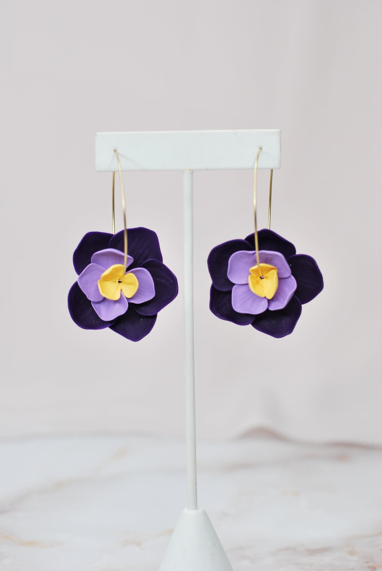 Purple, lavender and gold flower hoops