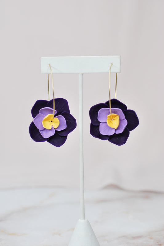 Purple, lavender and gold flower hoops