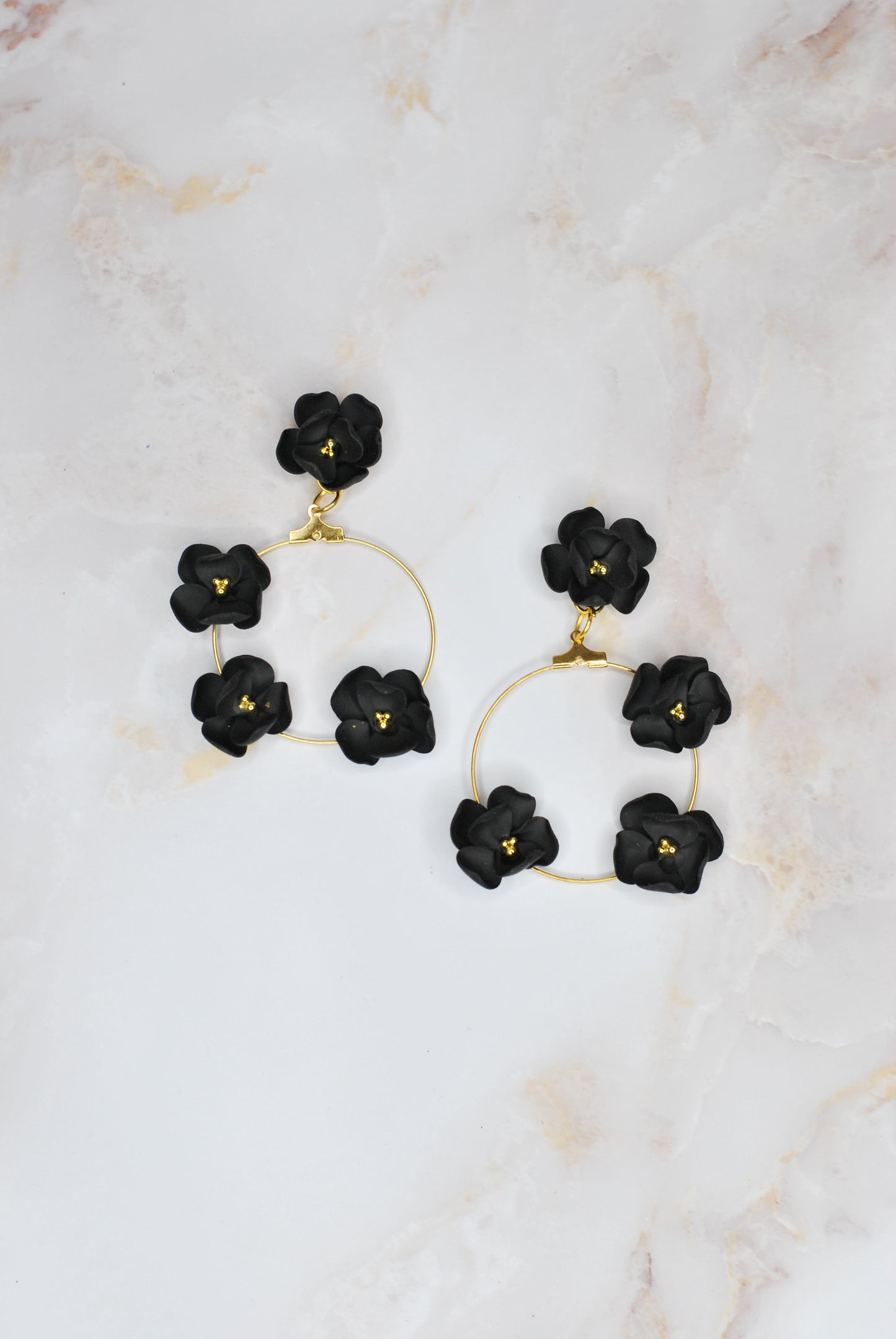 Black Flowers on Hoop Earrings