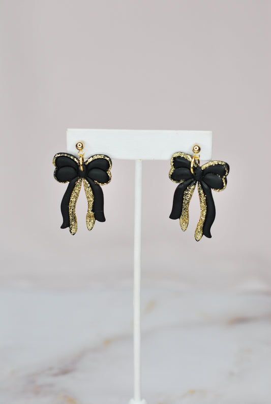 Black and Gold Glitter Bow Earrings
