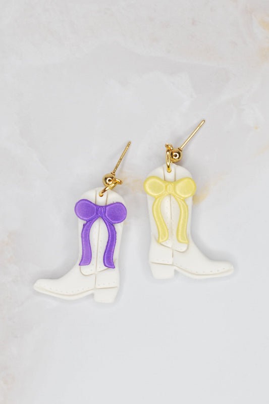 Purple and Gold Bow Boot Earrings
