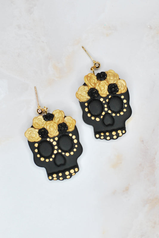 Black and Gold Sugar Skull Earrings