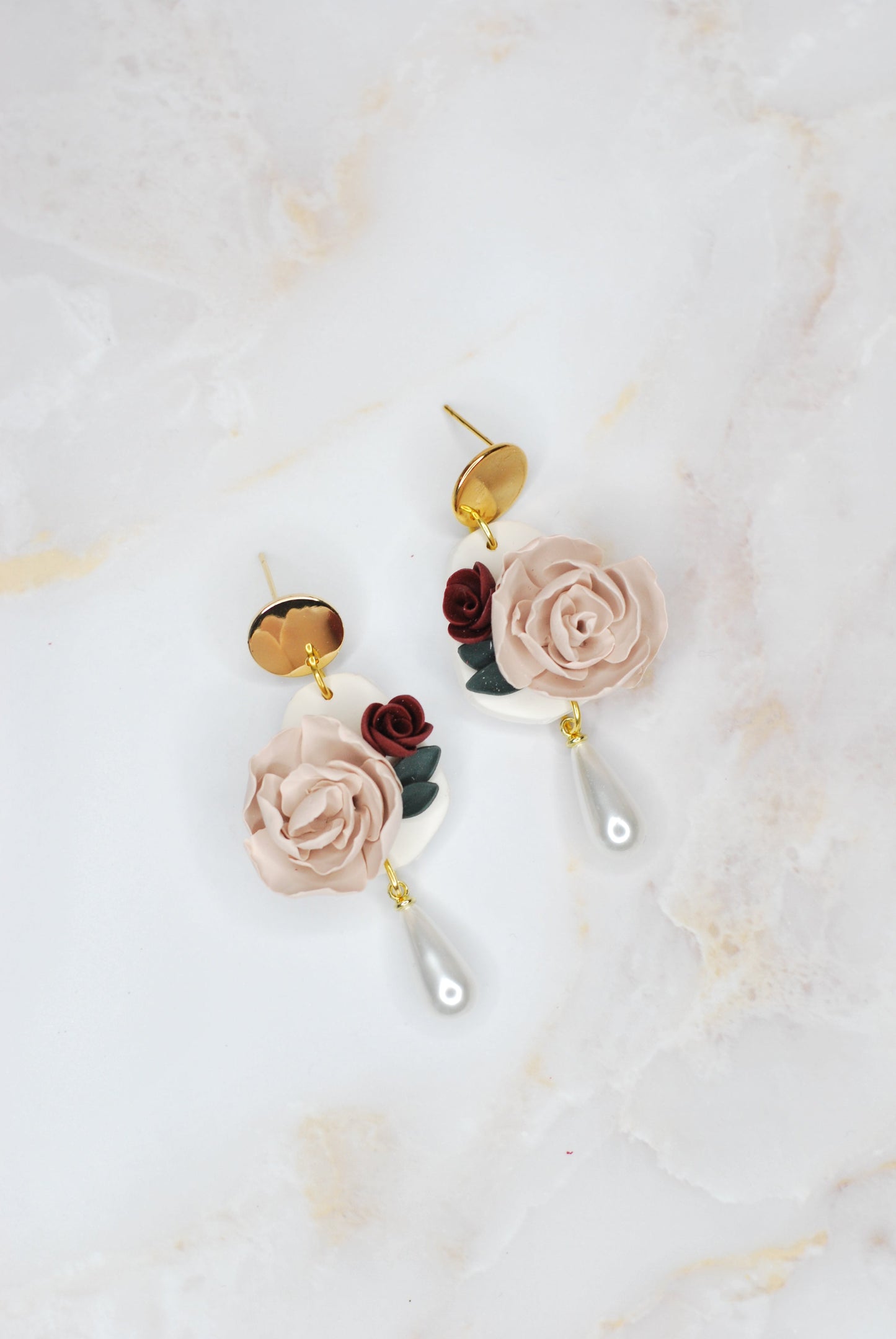Cream and Burgundy Rose Earrings